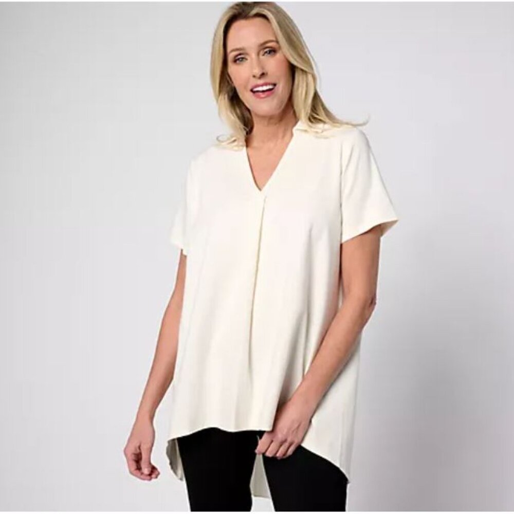 BEAUTIFUL by Lawrence Zarian Petite Hi-Low Tunic with Pleating-Ivory-Petite 2X